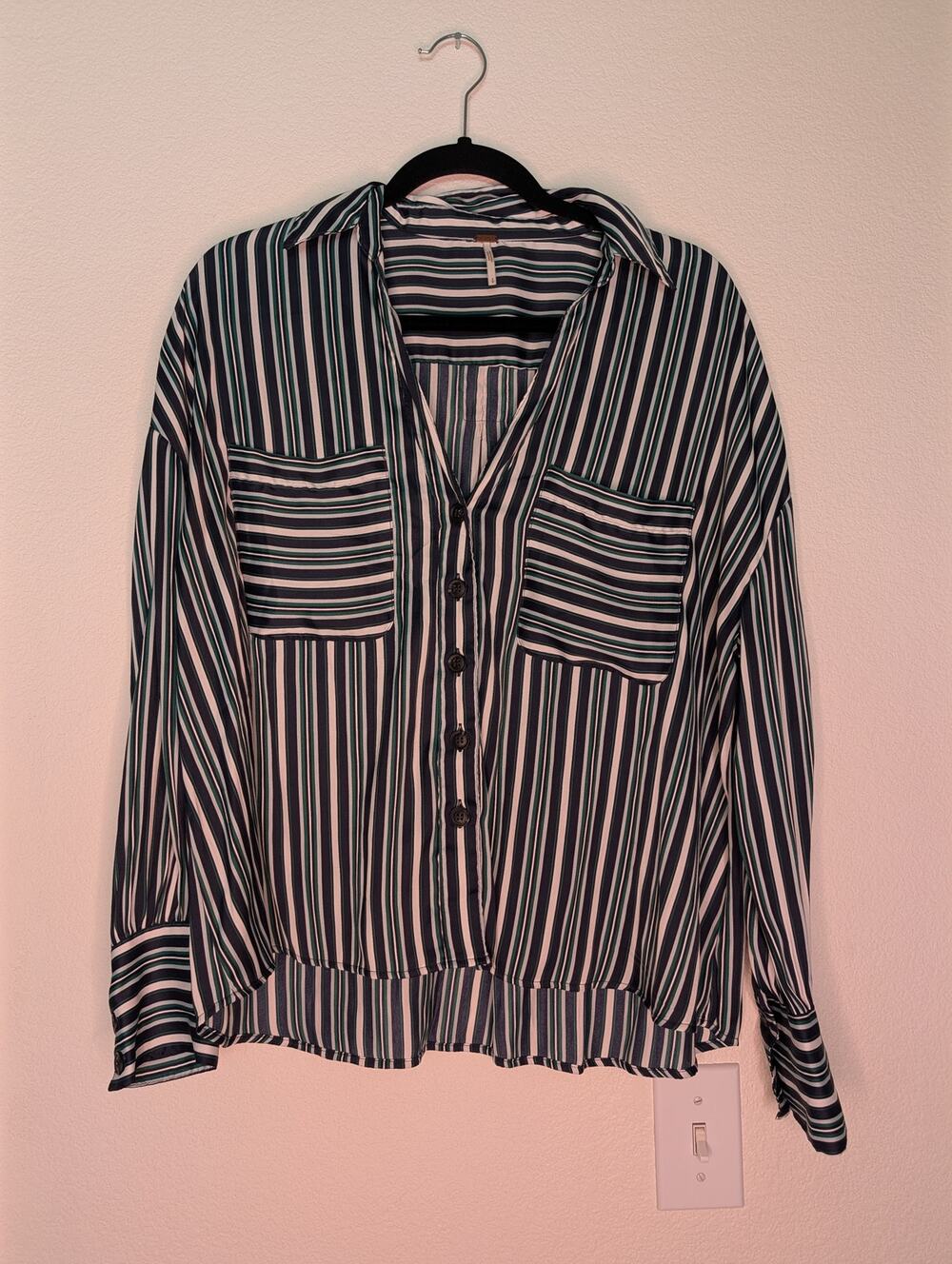 Free People Satin Striped Button-Up Long-Sleeve S Professional Chic Soft Casual